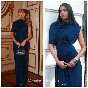 NWT Deme by Gabriella Maxi Dress Navy Blue Bloom Draped Wedding Guest size Small